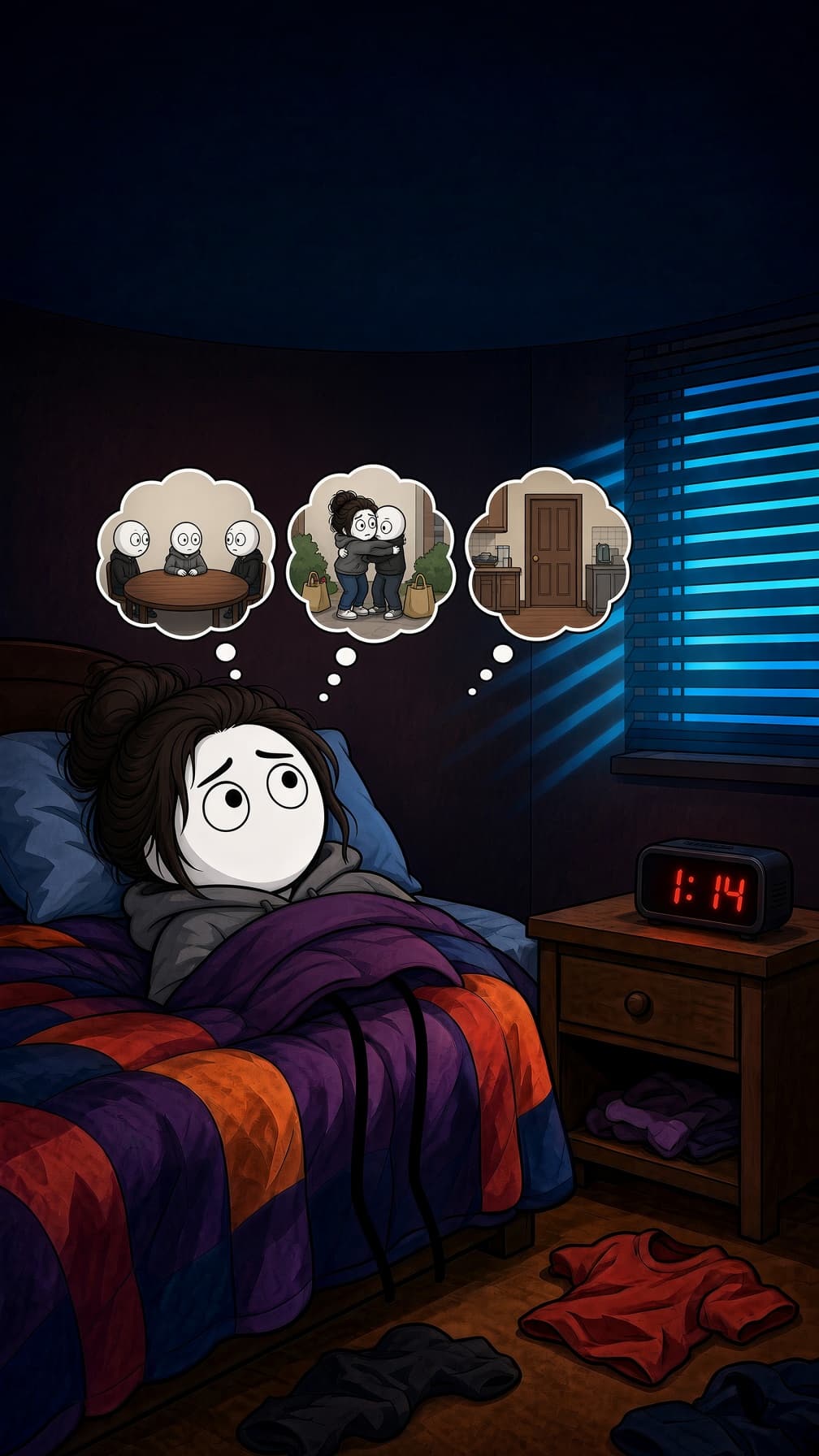 Ella awake in bed at 1:14, the day's awkward moments circling in thought bubbles above her.