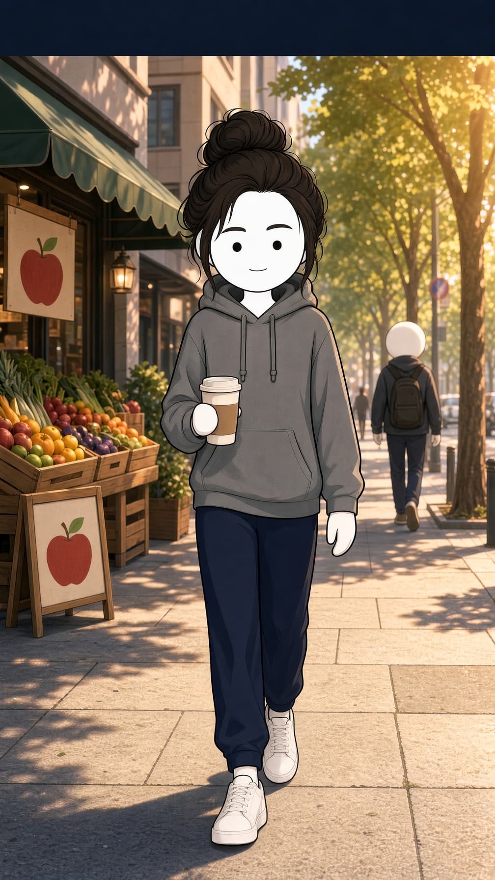 Ella walking down a sunny street in the morning, head up, coffee in hand, at ease. Night by night she fills with colour.
