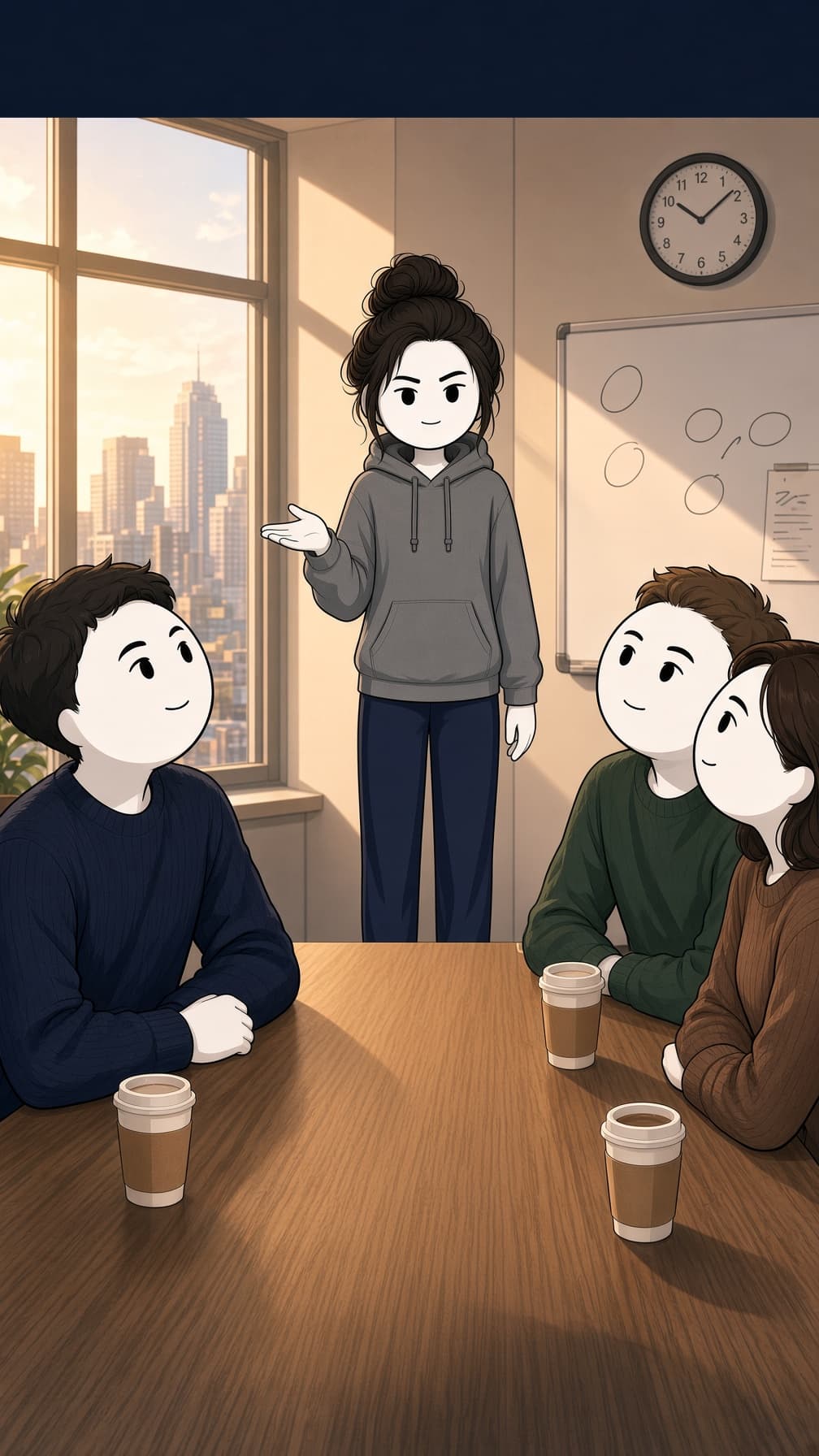 Ella standing at the head of the meeting table, speaking first with a calm smile while her colleagues lean in.