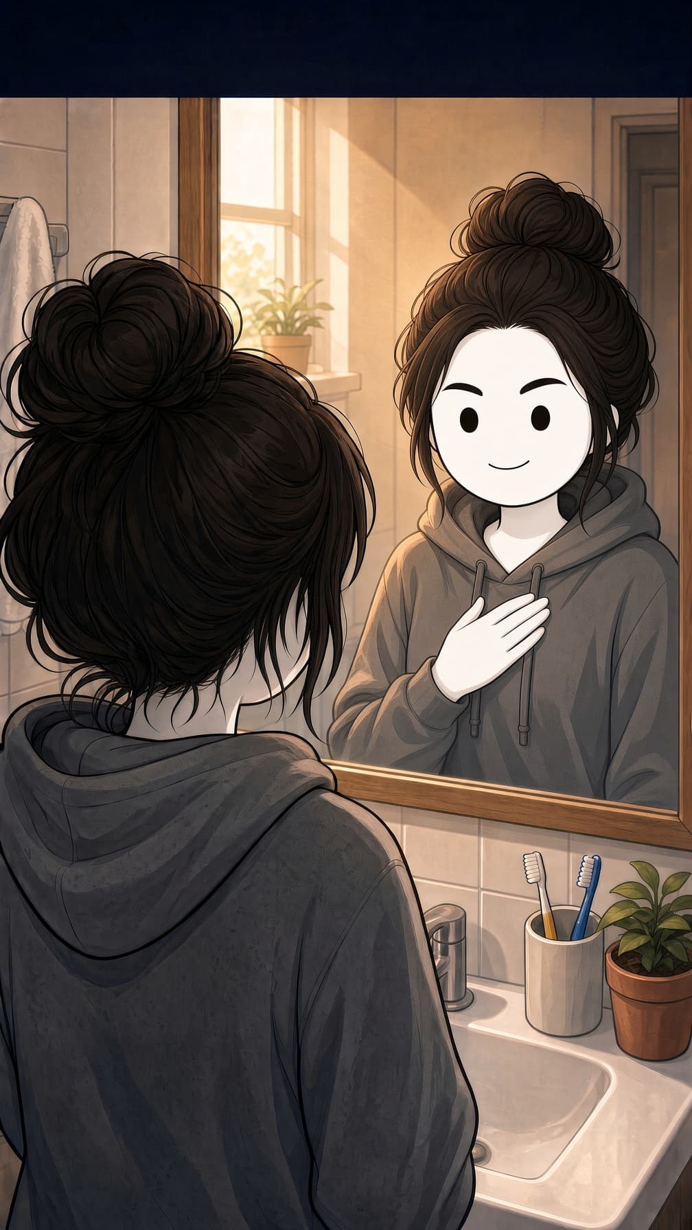 Ella in front of her bathroom mirror. The woman she is becoming smiles back, a hand on her heart.