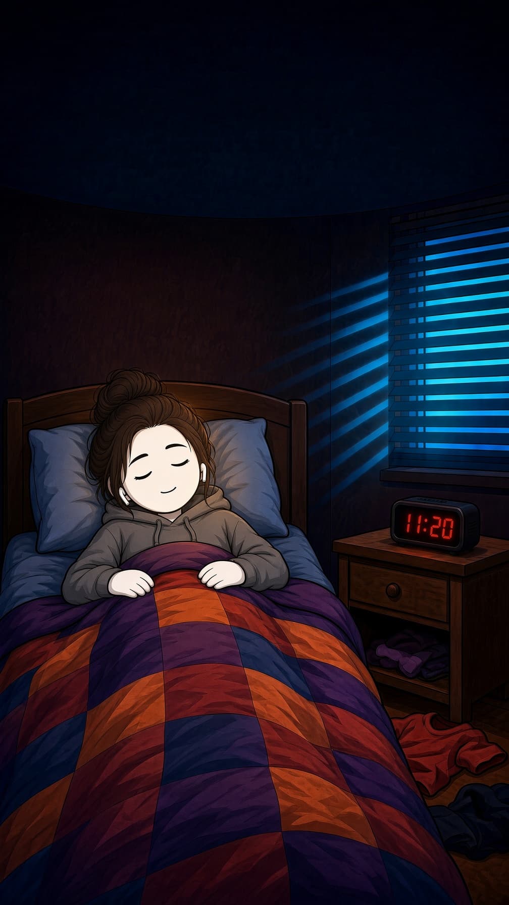 Ella drifting off to sleep, calm, the clock at 11:20.
