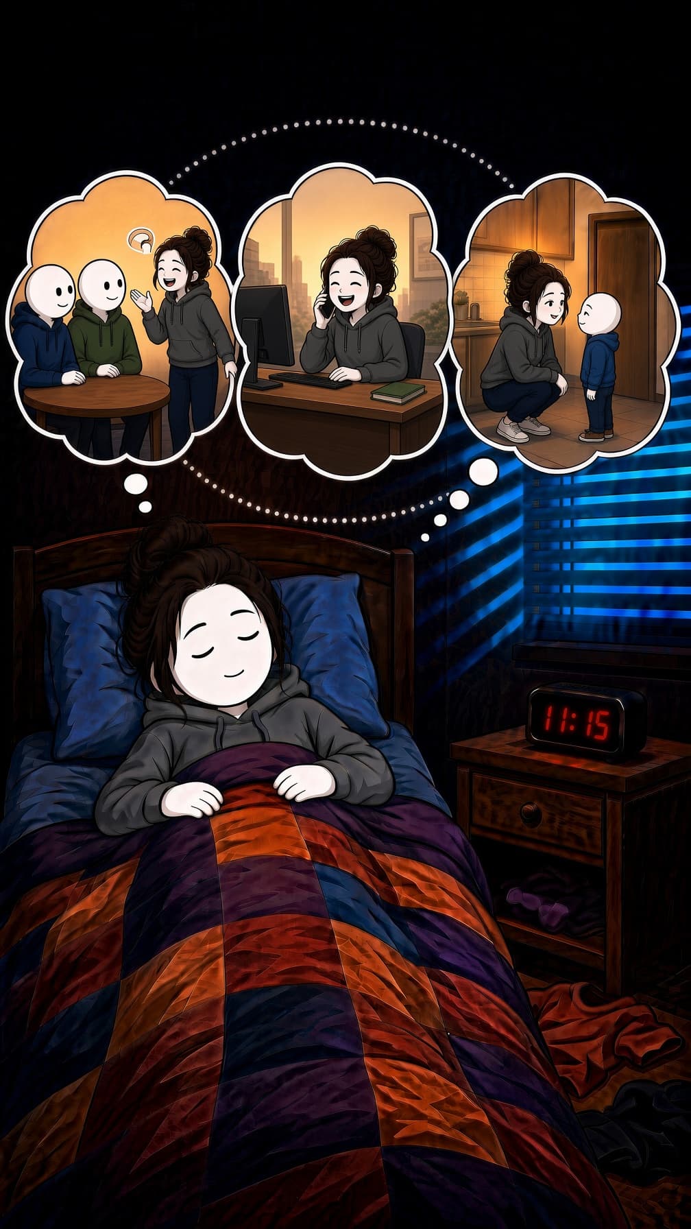 Ella asleep while golden dreams show her speaking up, laughing at work and calm at home.