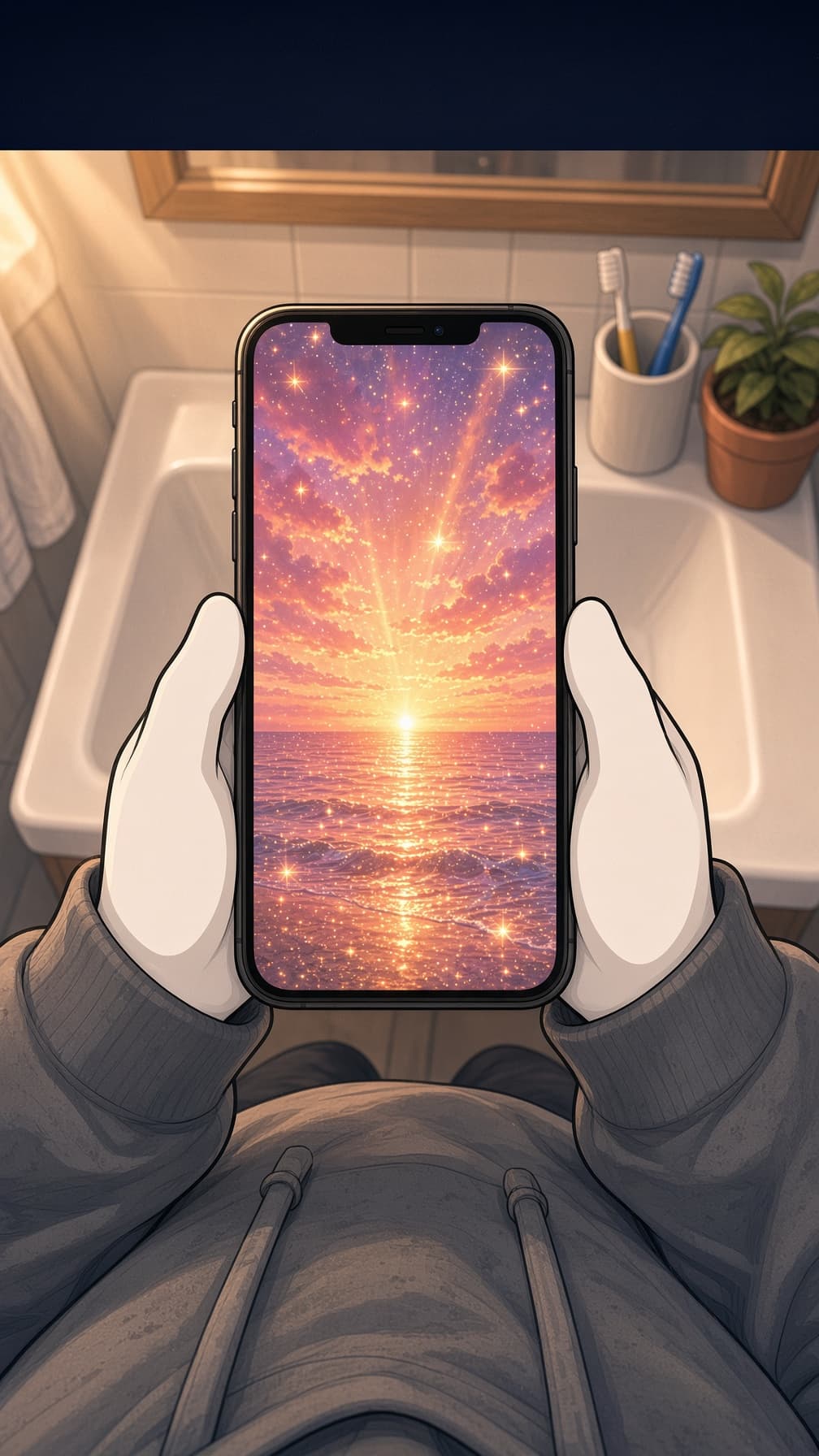 A phone showing the same generic sunset affirmation everyone gets.