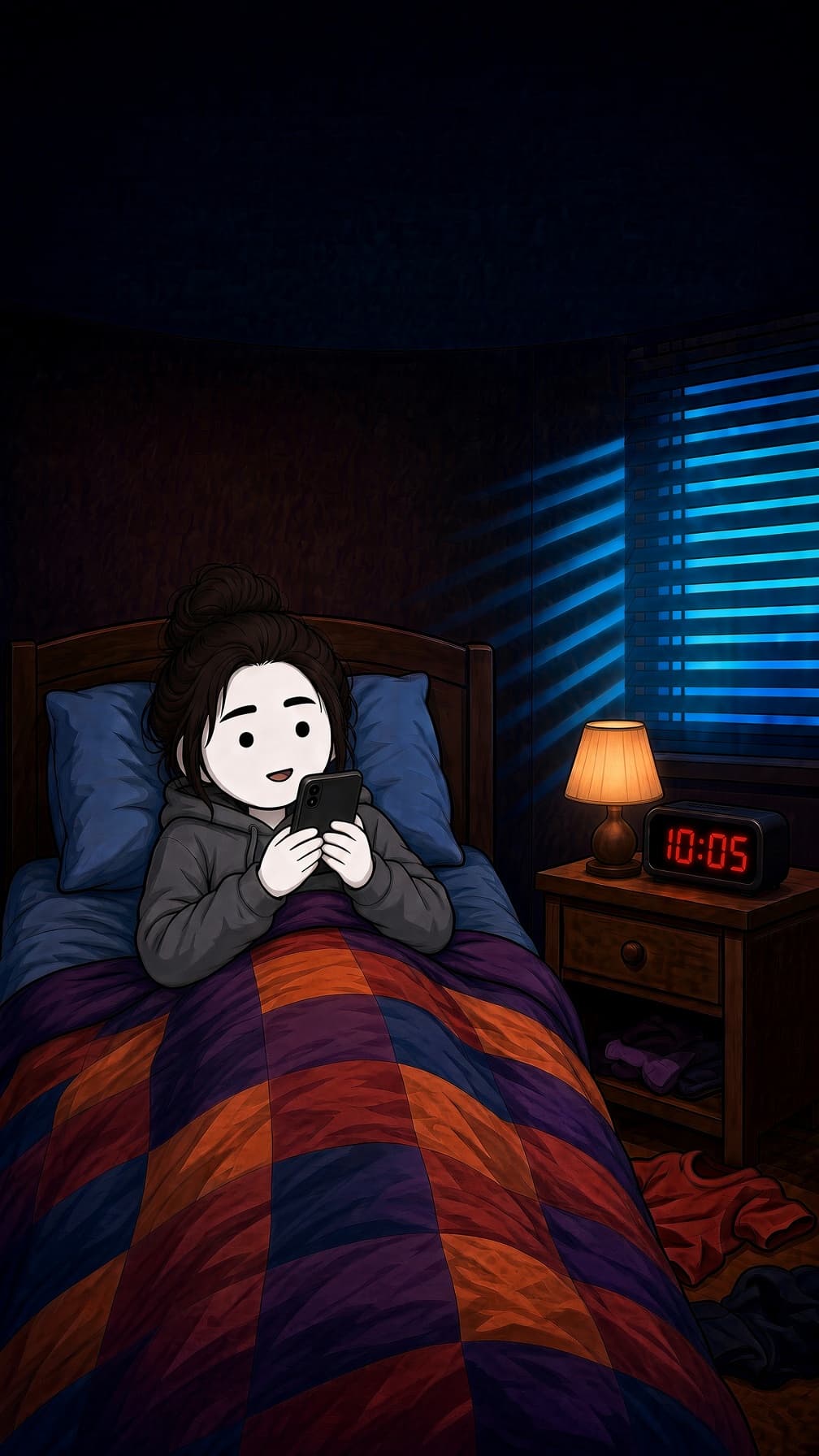 Ella in bed at 10:05, talking softly into her phone. Later she is asleep with earbuds in, her phone face down.