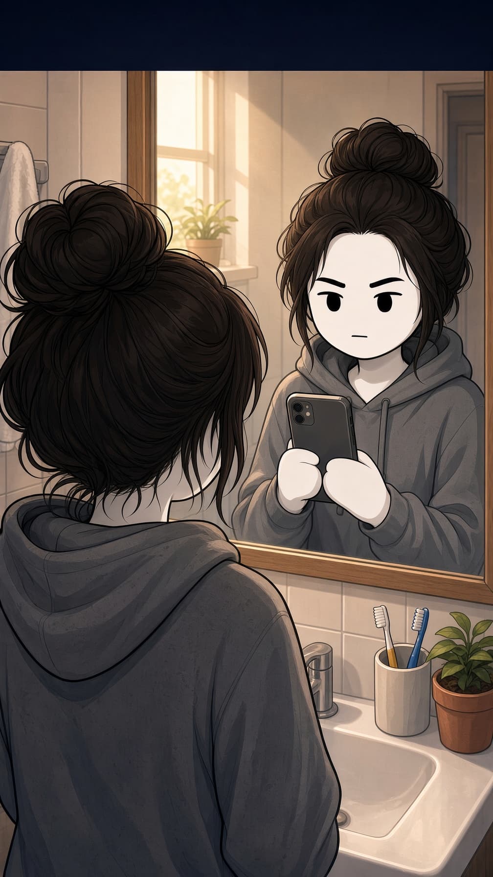 Ella in the bathroom mirror in the morning, scrolling her phone, the same flat face looking back.