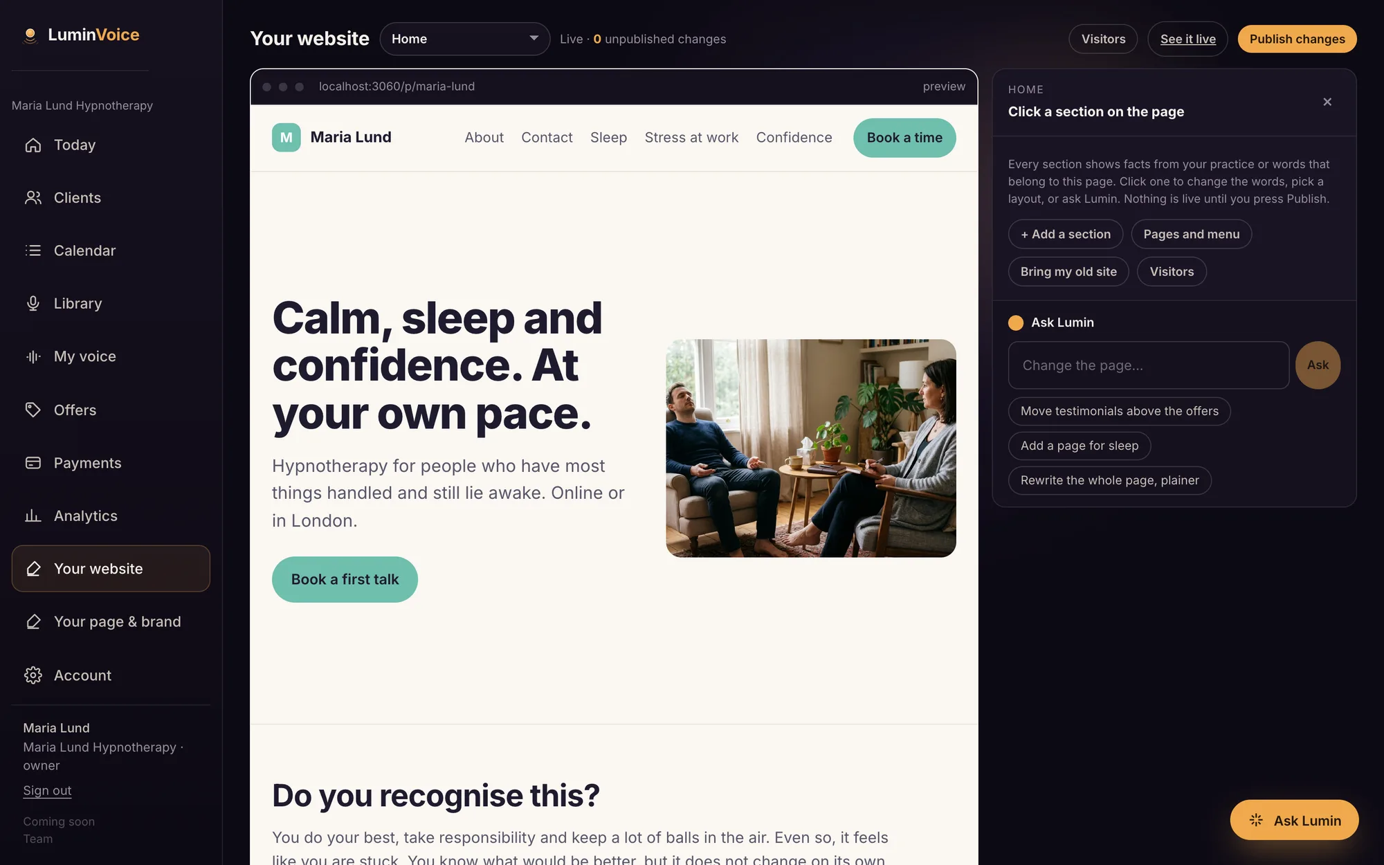The website editor with a live preview of the practitioner's site and an Ask Lumin panel.
